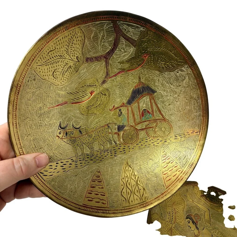 Vintage Etched Brass Wall Bowls Pair Pakistan‎ Figural Decorative Plates